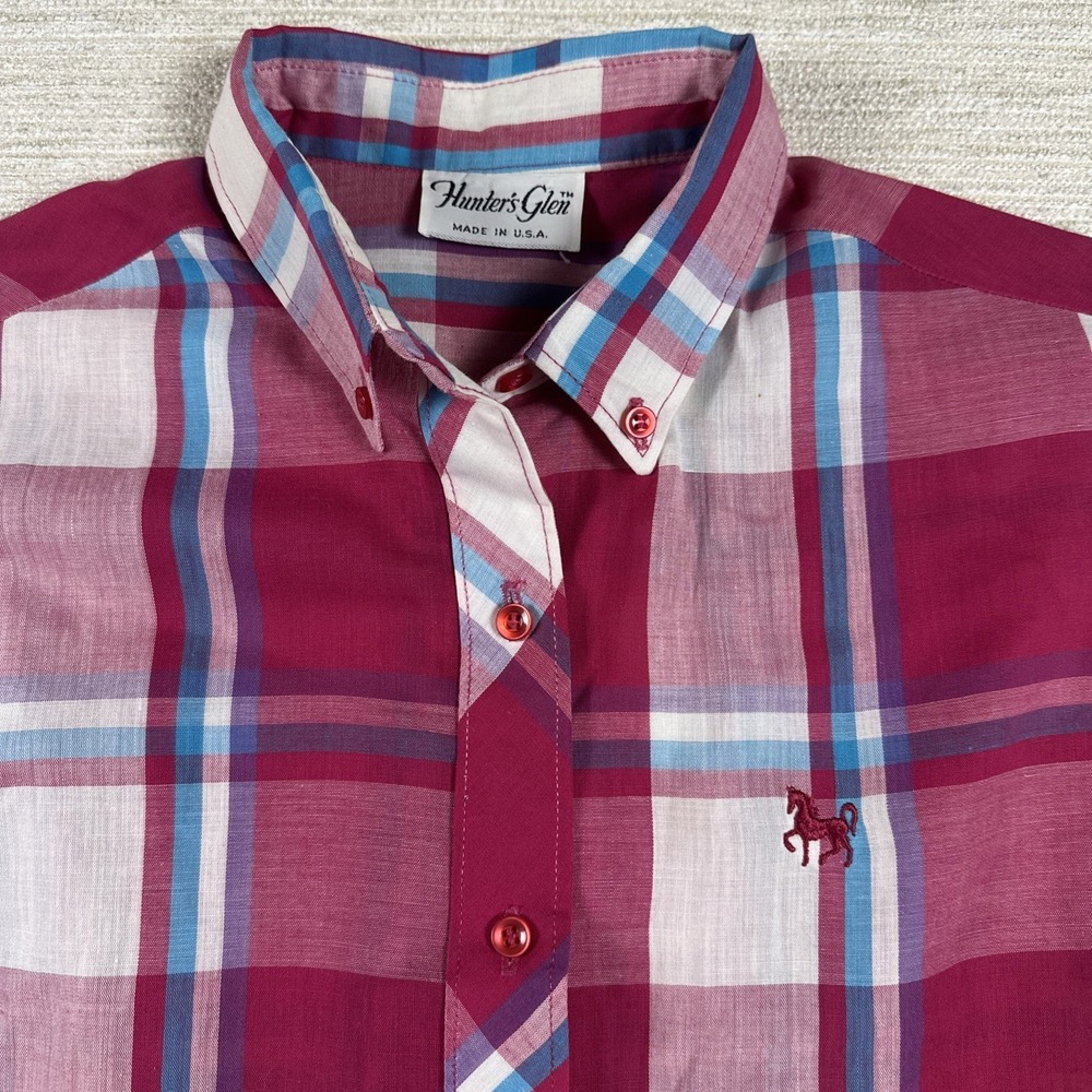 Western Cowgirl Rodeo Plaid Button Down Shirt Pink USA Made Horse Embroidered 16